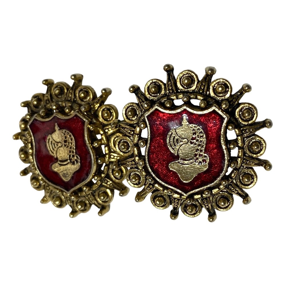 VTG Goldtone Red Guilloche Enamel Heraldic Knights Head Shield Screw Earrings